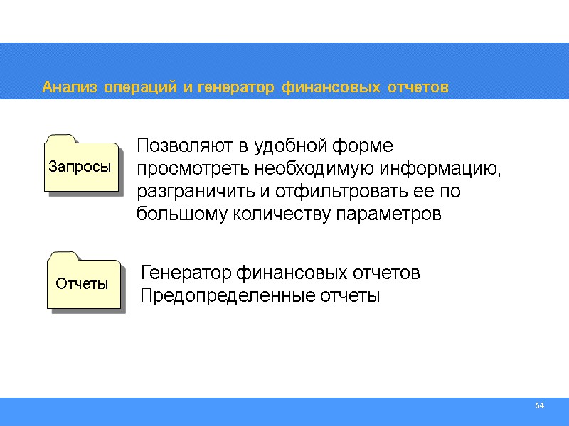 54 Анализ операций и генератор финансовых отчетов Позволяют в удобной форме просмотреть необходимую информацию,